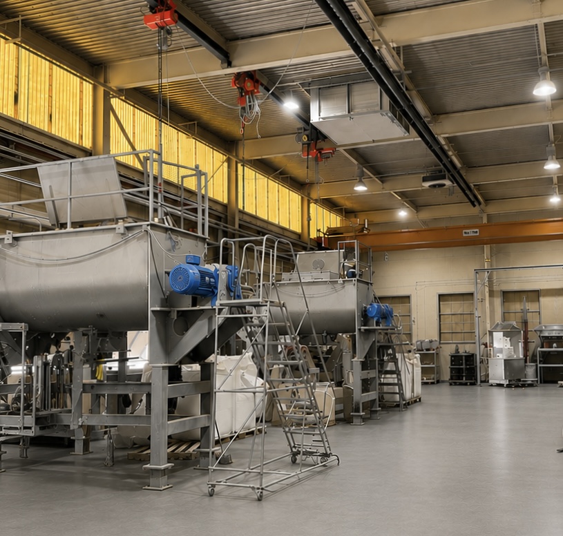 Twin industrial ribbon blenders on the production floor