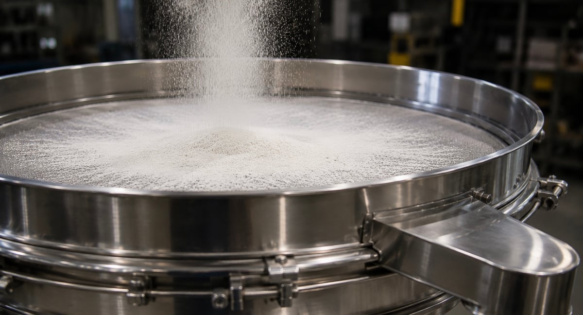 Powder cascading onto a stainless screener separating particle sizes
