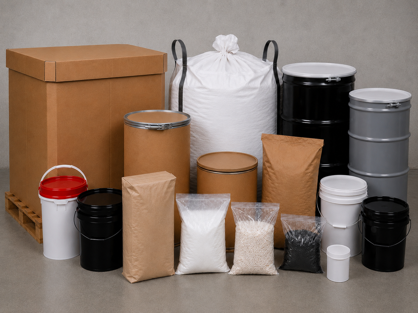 Range of repackaging container options including drums, pails, bags, boxes, and supersacks