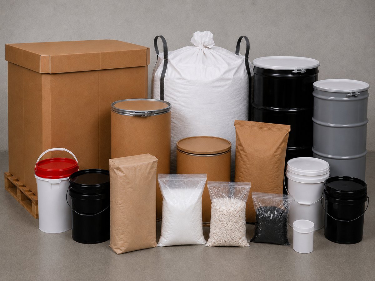 Range of repackaging container options including drums, pails, bags, boxes, and super sacks
